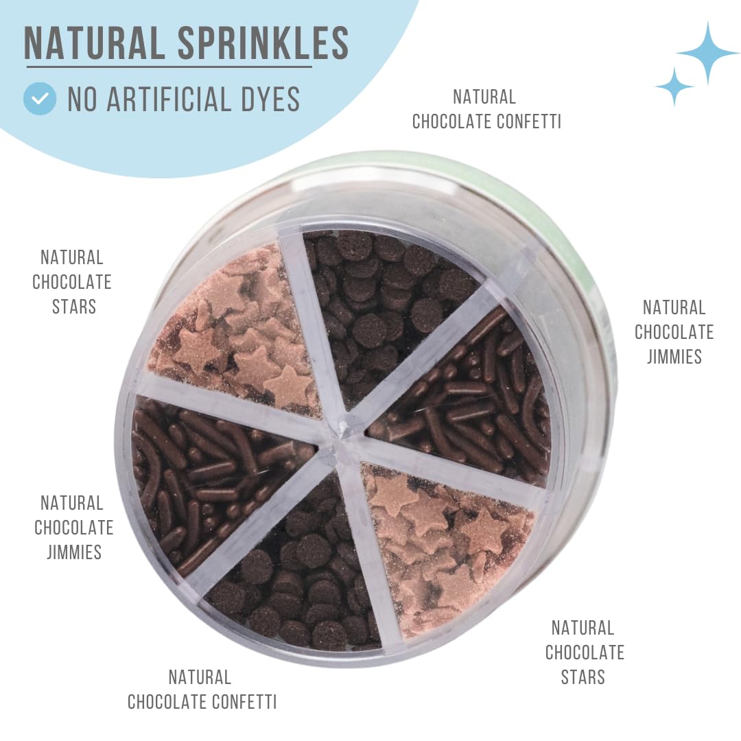Sweets Indeed Dye Free Chocolate Sprinkles 6 Cell Jar - No Artificial Dyes Quins, Jimmies and Star Sprinkles for Baking & Decorating Cupcakes