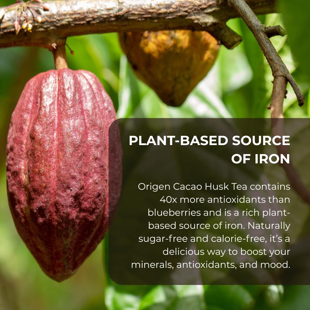 Origen Cacao Husk Tea - 100% Natural Cacao Shell - Zero Sugar, Caffeine-Free Superfood - Healthy Chocolate Tea Alternative to Coffee - Rich in
