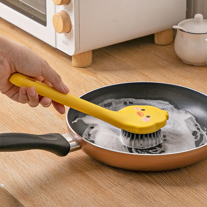 Ximimark 2 PCS Yellow Duck +Yellow Chicken Dish Brush Handle Built-in Scraper, Scrub Brush for Pans, Pots, Kitchen Sink Cleaning