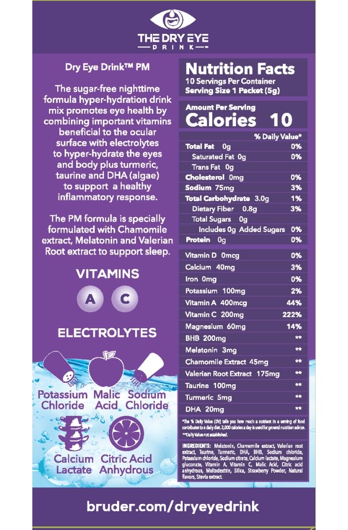 The Dry Eye Drink PM Night Time Strawberry Lemon Flavor l Ultimate Hydration for Dry Eyes l Sugar-Free Electrolyte Powder Packets l Help Deep