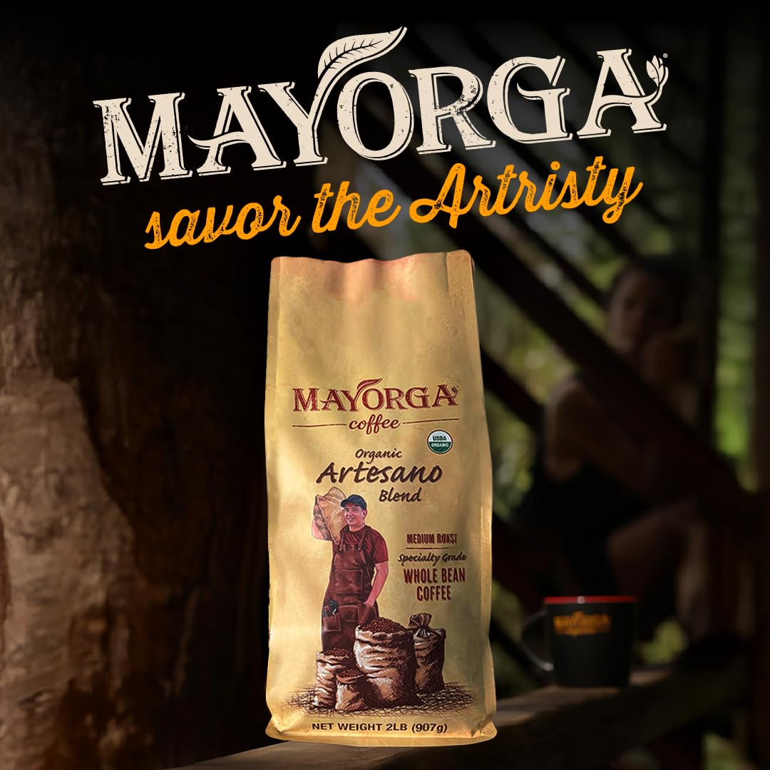 Mayorga Organic Coffee 2lb Artesano Blend - Medium Roast Whole Bean Coffee Speciality Grade, 100% Arabica, Slow Roasted, Chocolate and Nutty Flavor