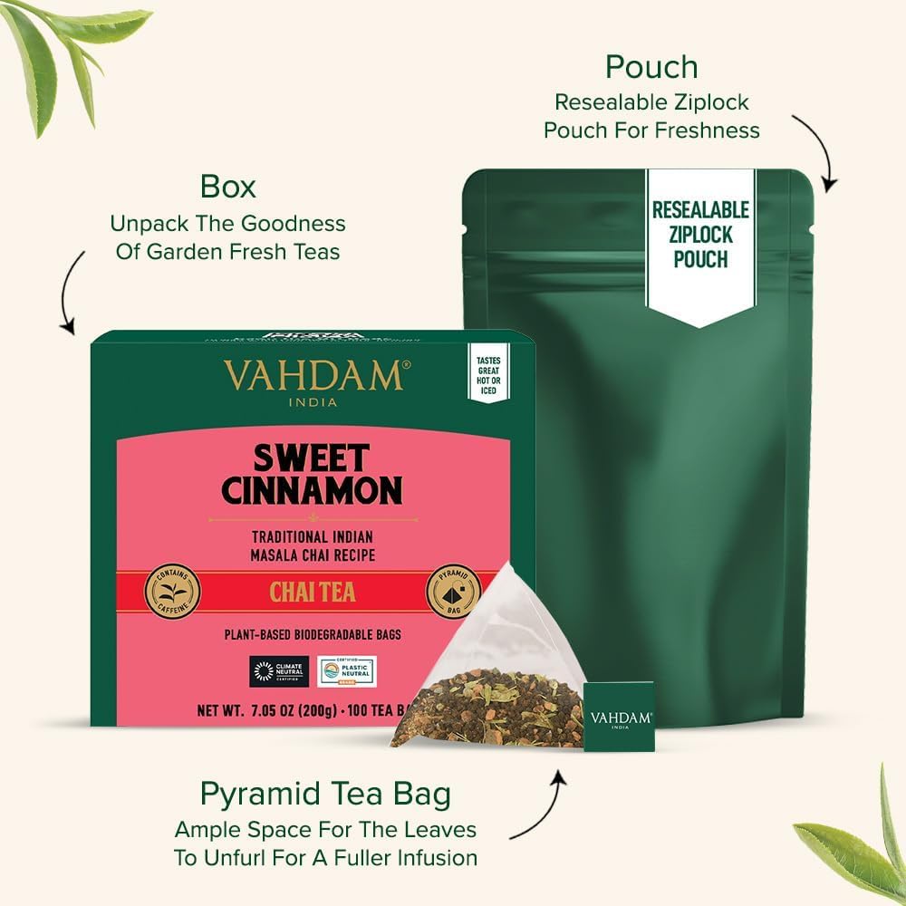 VAHDAM Sweet Cinnamon Chai Tea Bags (100 Count) | 100% Natural Spices | Spiced Masala Chai with Natural Cinnamon | Aromatic & Rich Flavor | Hot or