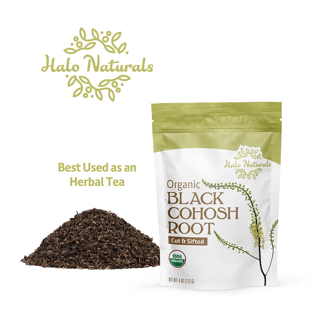 Halo Naturals Organic Black Cohosh Root Cut & Sifted, 4 Ounces (Cimicifuga racemosa) USDA Certified | Resealable Pouch| Packaged in The USA