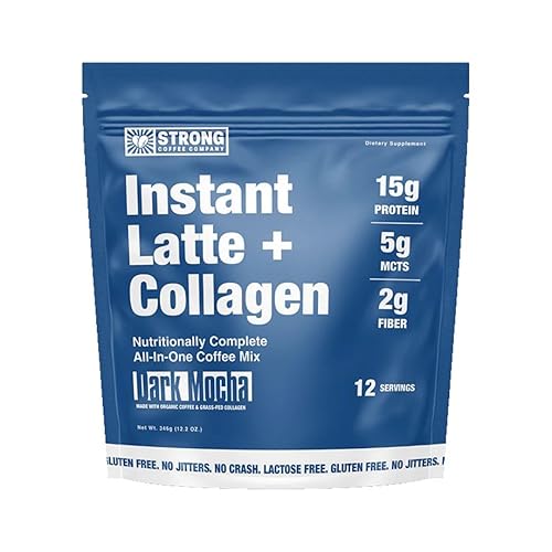 STRONG Coffee Co. Dark Mocha Instant Latte | Organic Coffee with Collagen Protein | Lion’s Mane & L-Theanine | Adaptogens & Nootropics | 15 Servings