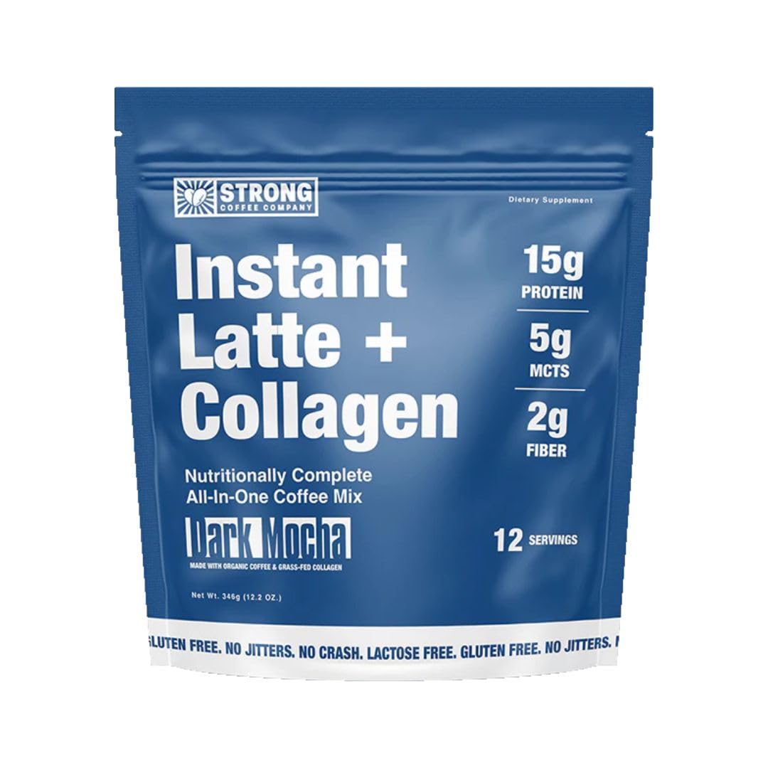 STRONG Coffee Co. Dark Mocha Instant Latte | Organic Coffee with Collagen Protein | Lion’s Mane & L-Theanine | Adaptogens & Nootropics | 15 Servings