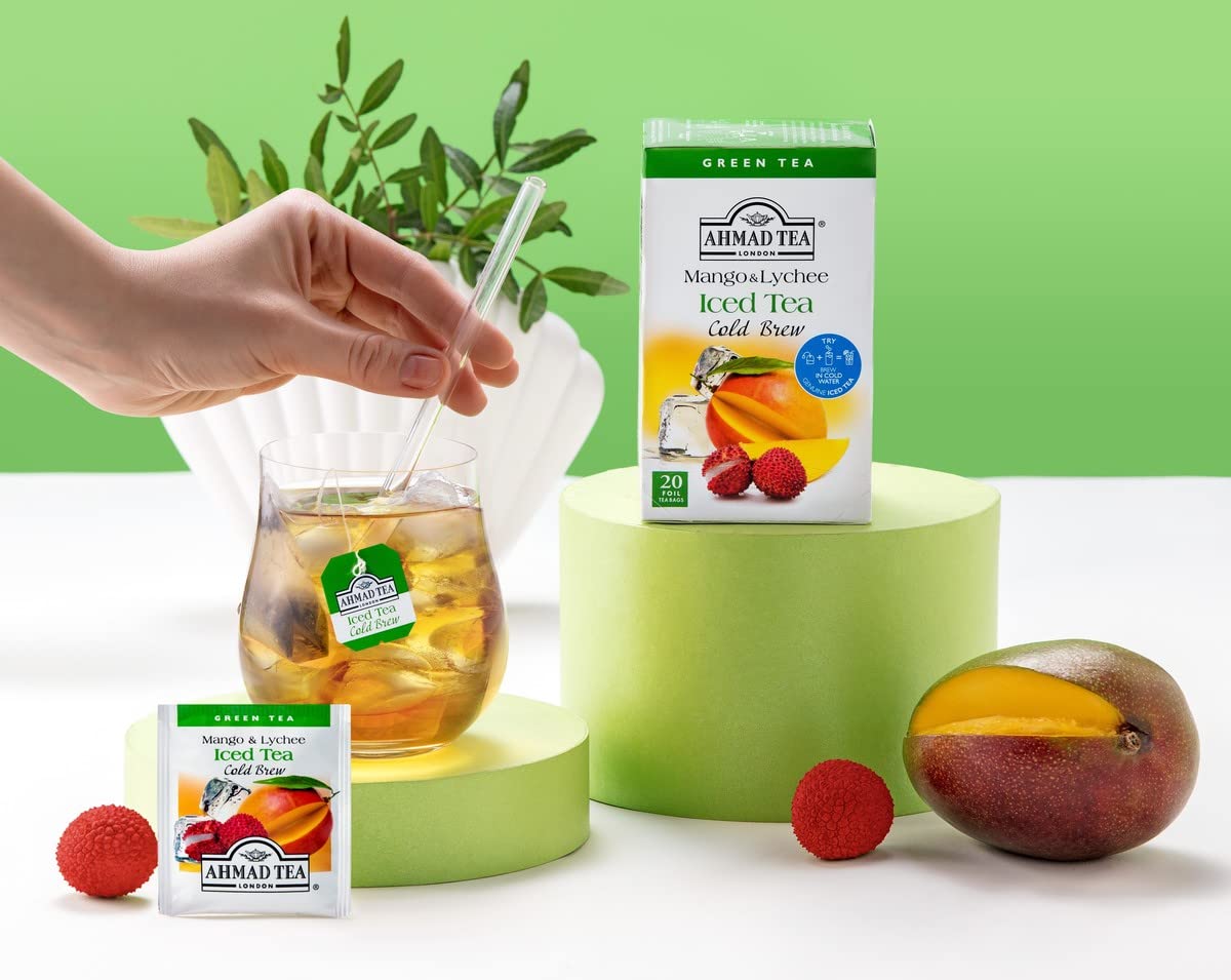 Ahmad Tea Green Tea, Cold Brew Mango and Lychee Teabags, Iced Tea, 20 ct (Pack of 1) - Caffeinated and Sugar-Free