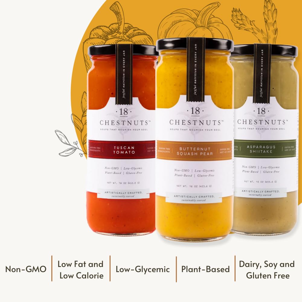 18 Chestnuts Plant Based Soup - Tuscan Tomato, Asparagus Shiitake, and Butternut Squash Pear Soup Bundle, Plant Based & Gluten Free - 3 Jars (16oz)