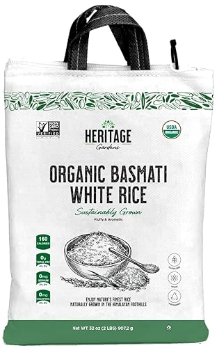 Heritage Gardens Organic White Basmati Rice 80 oz (5 lb) - Extra Long Grain, Non-GMO, Gluten Free, Low-Arsenic, Fluffy & Non-Sticky - Himalayan Grown
