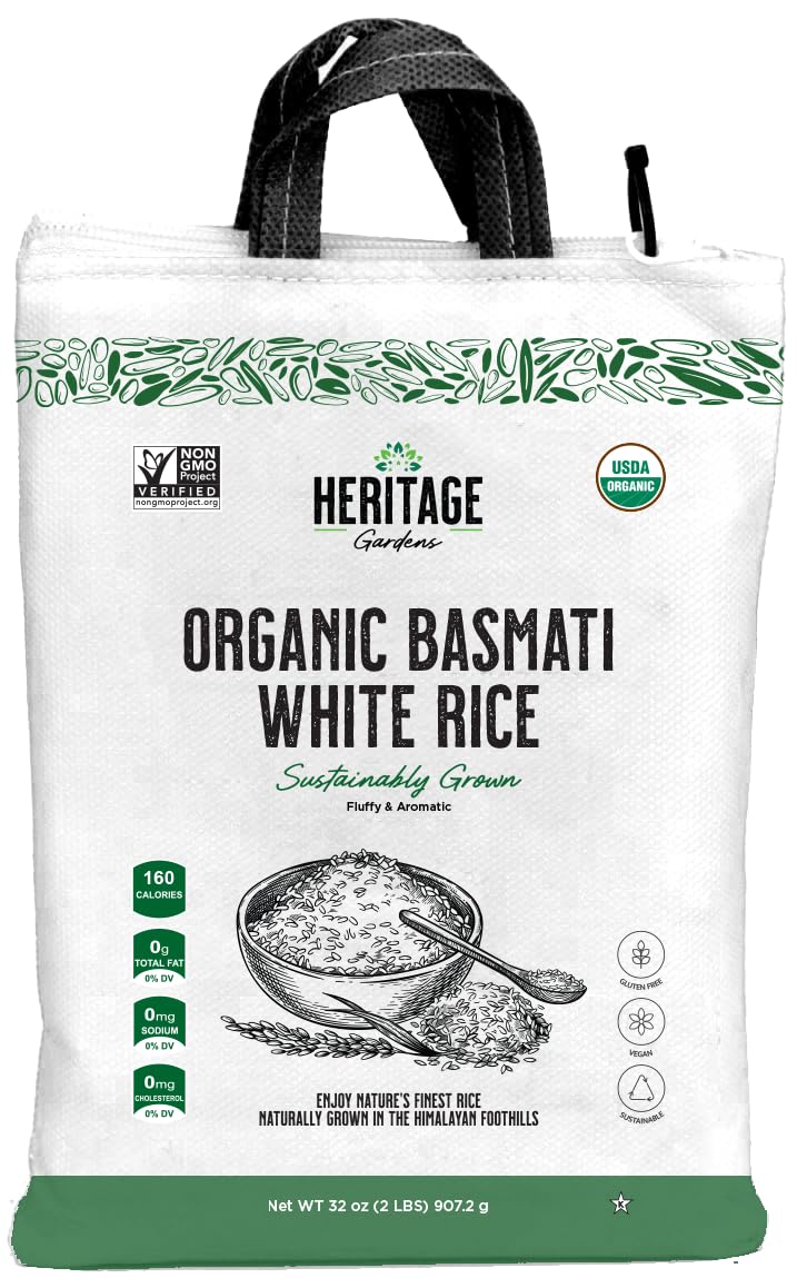 Heritage Gardens Organic White Basmati Rice 80 oz (5 lb) - Extra Long Grain, Non-GMO, Gluten Free, Low-Arsenic, Fluffy & Non-Sticky - Himalayan Grown