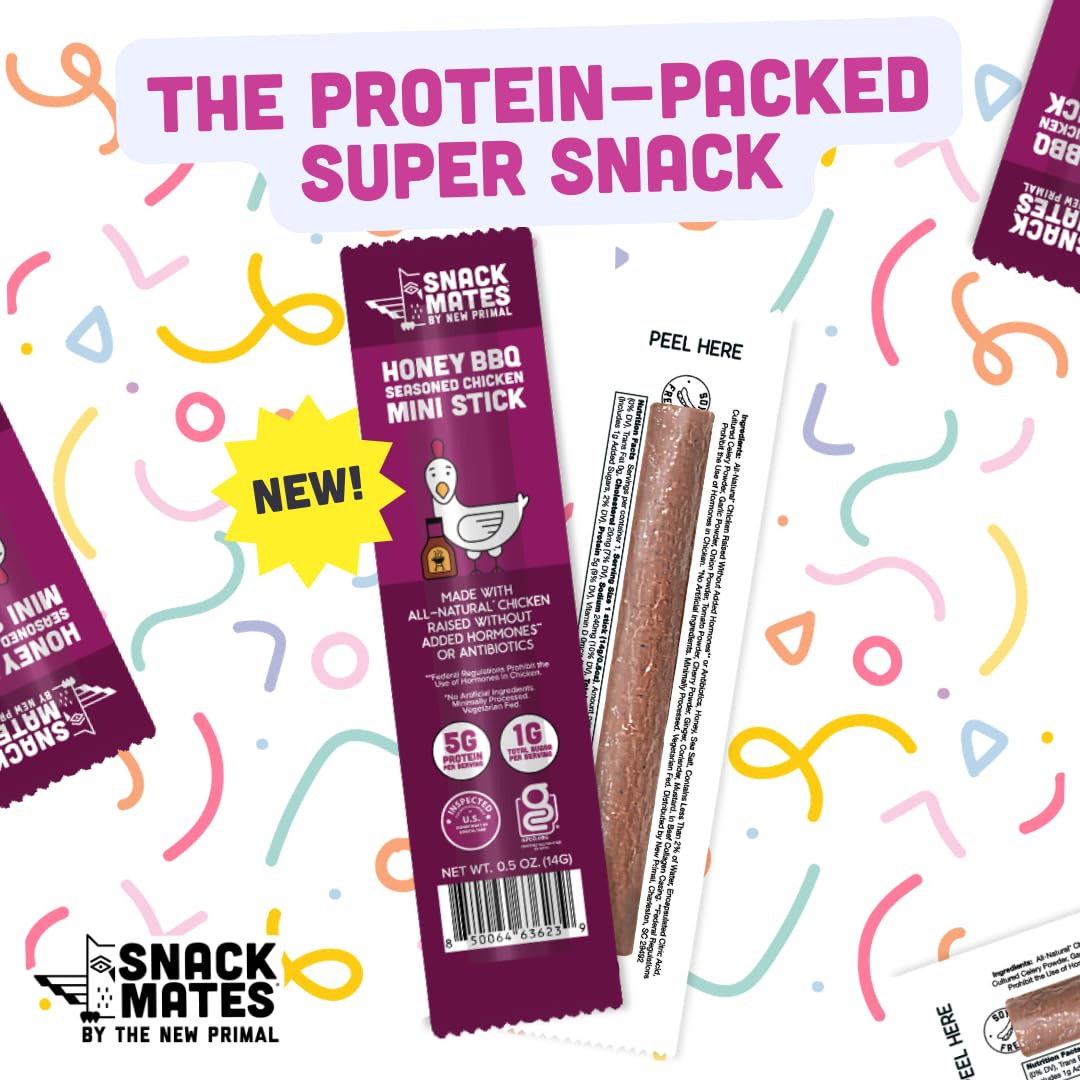 New Primal Snack Mates Honey BBQ Chicken Sticks, Healthy Snack for Kids, Low Sugar High Protein Back to School Snacks, Gluten Free, Mini Jerky Meat
