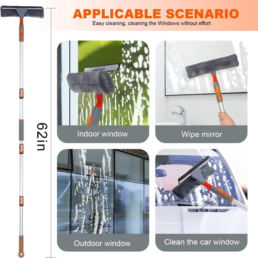 Professional Window Squeegee Cleaner, 2 in 1 Shower Squeegee with Extension Pole, 62‘’ Telescopic Window Washing Equipment with Bendable Head, Glass