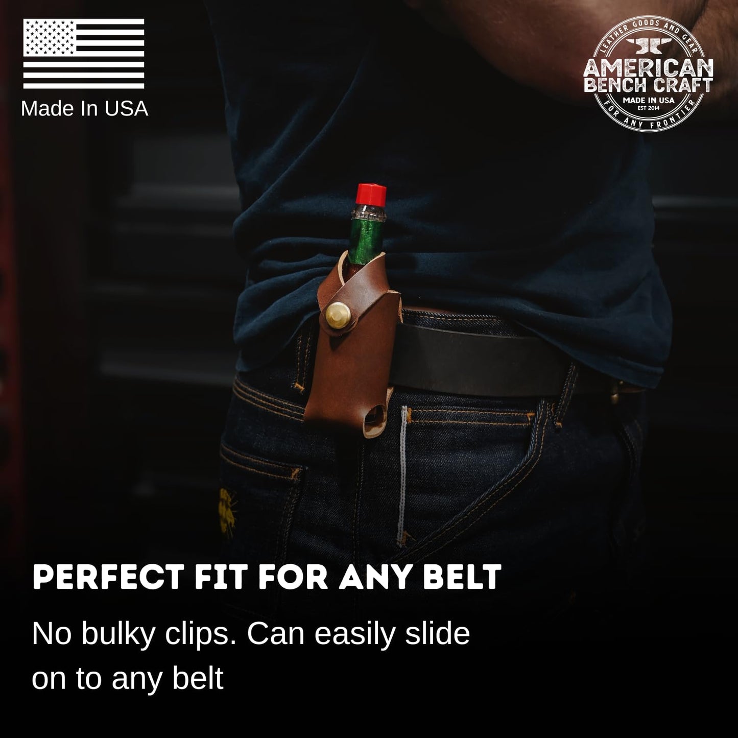 Hot Sauce Holster - Full Grain Leather Belt Holder - Solid Brass Snap - Convenient Slip-On Hot Sauce Bottle Holster - Fits 2 oz. Tabasco & Cholula
