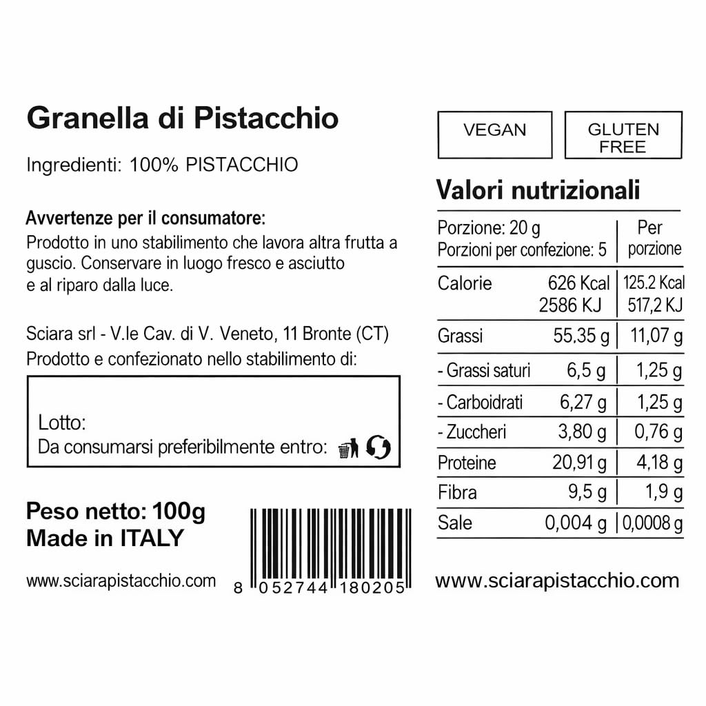 Sciara Chopped Pistachios - Sicilian Unsalted Pistachio Nuts from Bronte Italy - Premium Crushed Pistachios for Baking & Topping - Glass Jar 100g (3.5