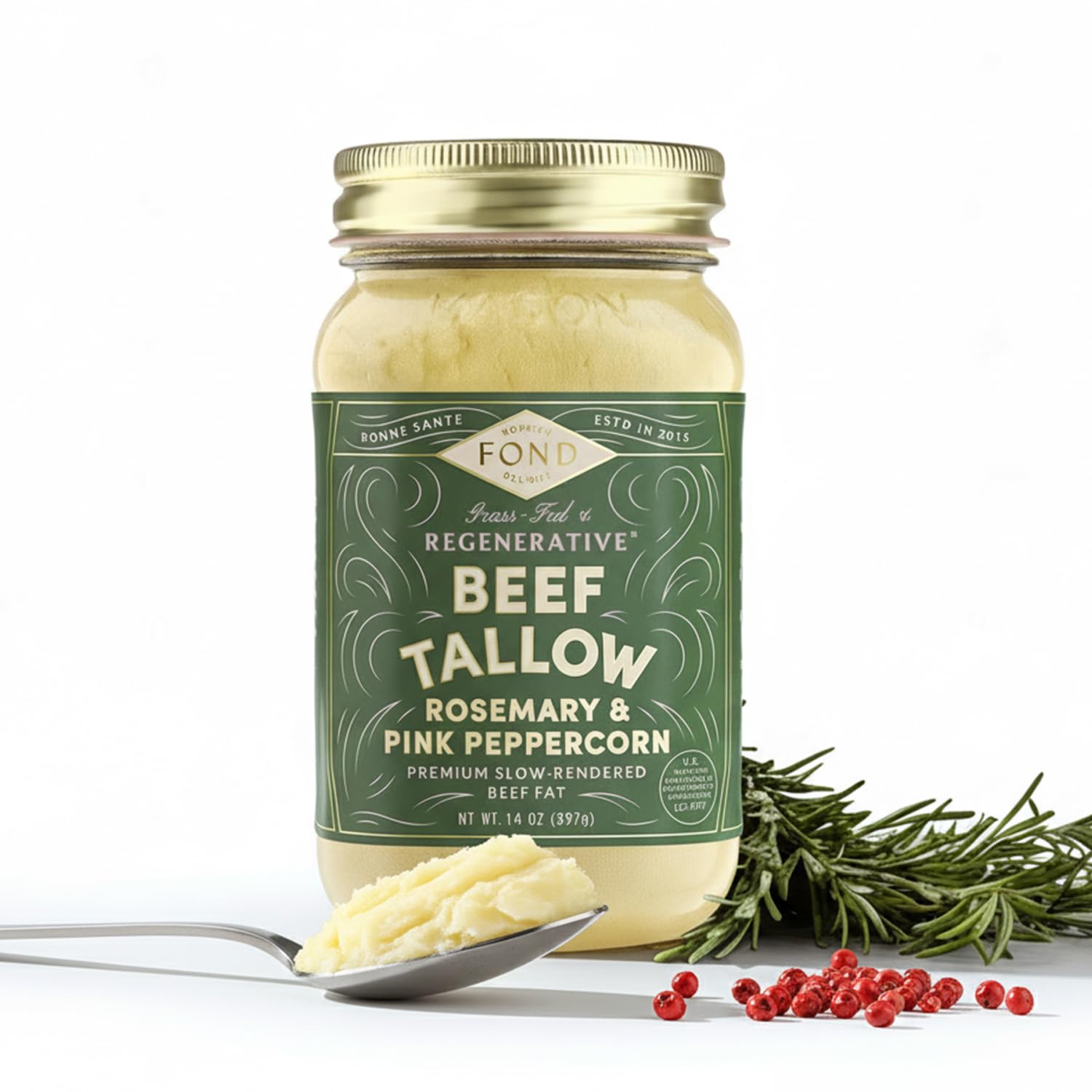 FOND Regenerative Grass-fed Beef Tallow (14 Ounce (Pack of 1), Rosemary & Pink Peppercorn)