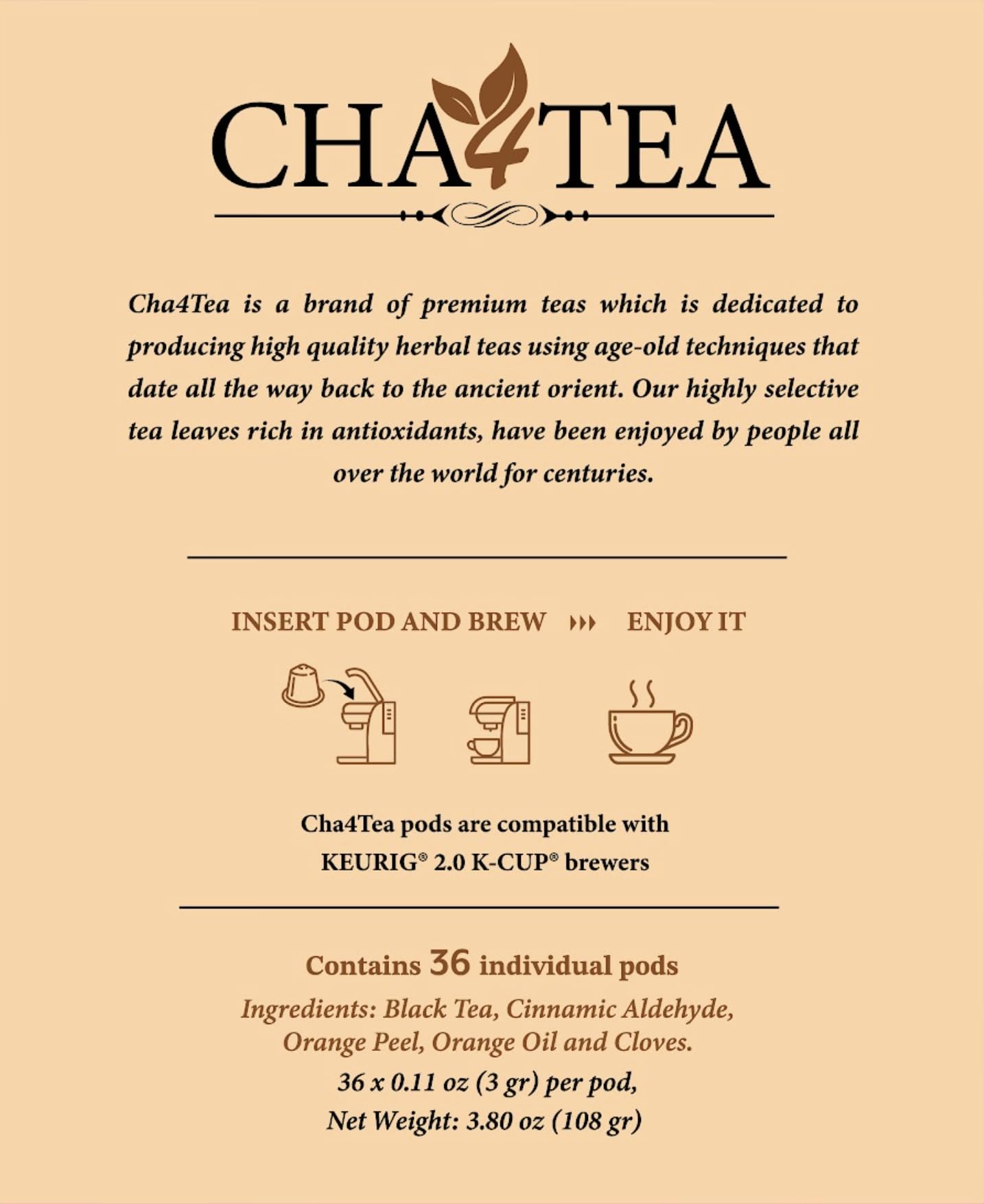 Cha4Tea 36-Count Cinnamon Orange Spice Herbal Black Tea Pods Compatible with Keurig K-Cup Brewers