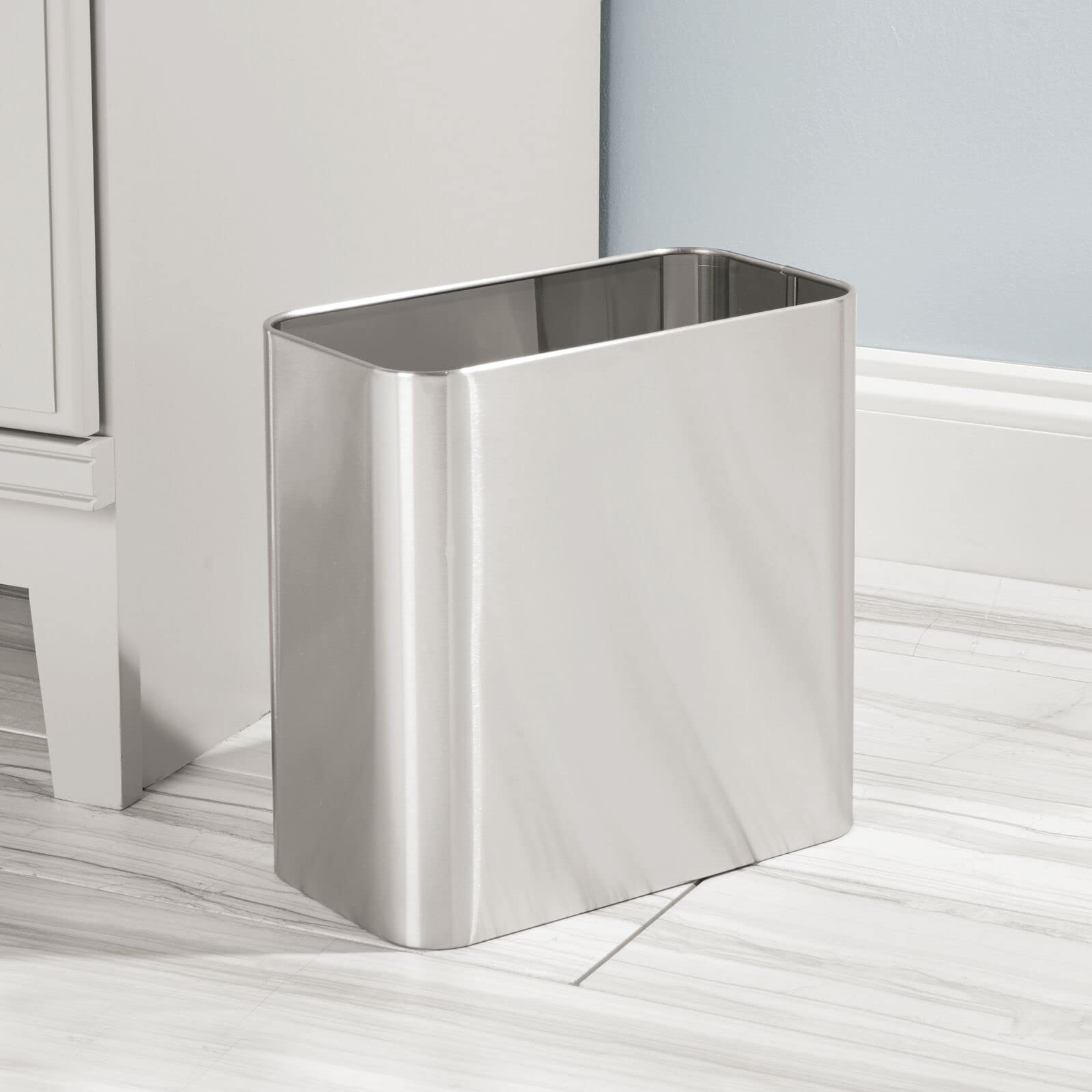 mDesign Modern Compact Freestanding MetalToilet Bowl Brush and Rectangle Open Wastebasket Garbage Can Combo Set for Bathroom Storage - Sturdy, Deep