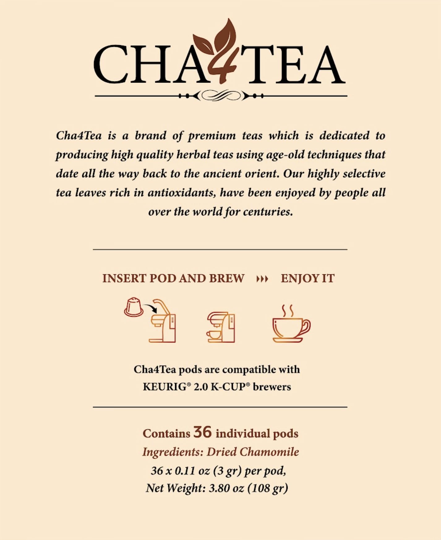 Cha4Tea 36-Count Pure Chamomile Herbal Tea Pods Compatible with Keurig Brewers - Bedtime/Sleep-Well/Nightly Calm/Relaxing Tea