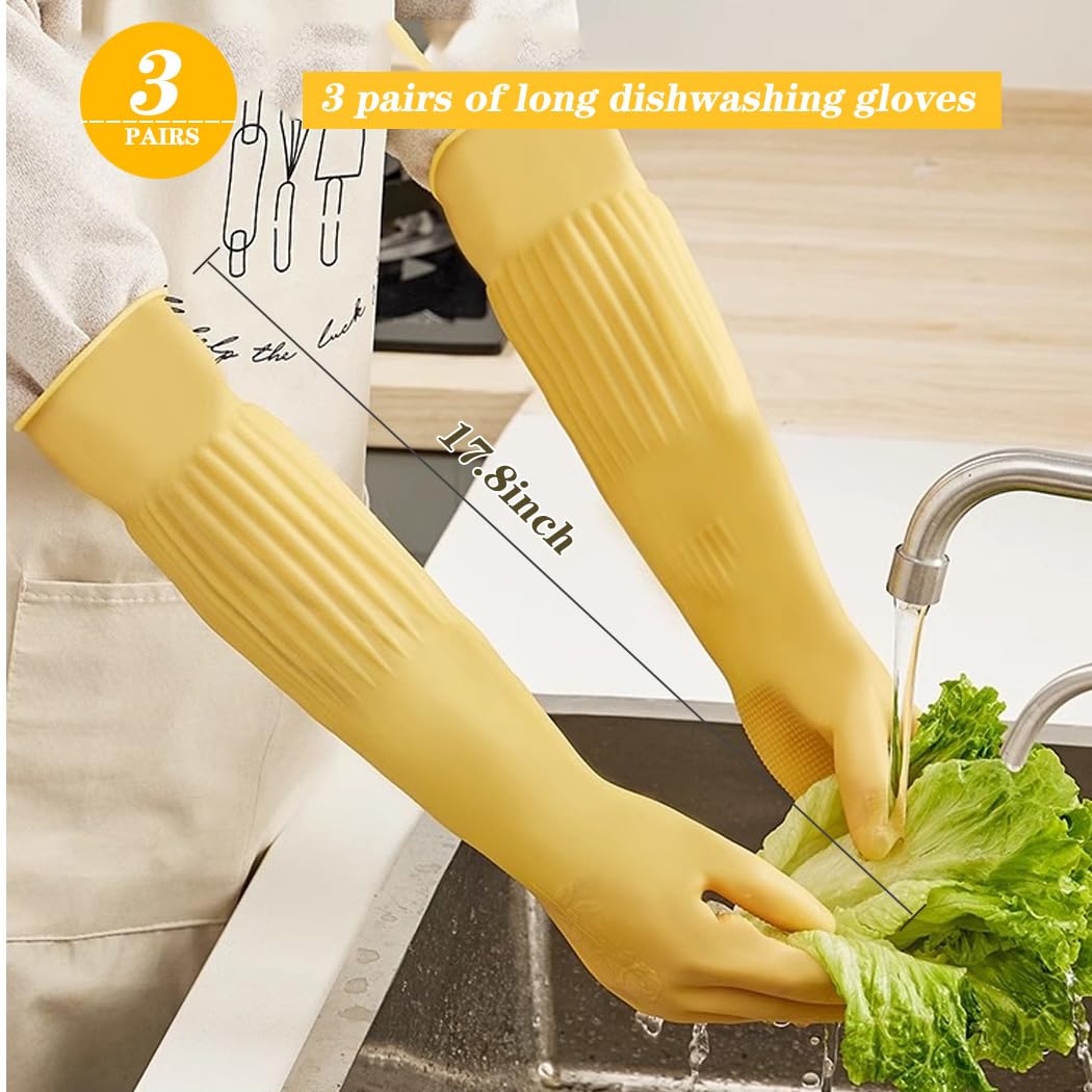 Vsootal 3- Pair 17.8 - Inch Elbow - Length Reusable Rubber Waterproof Household Cleaning and Kitchen Dishwashing Gloves - Small Size