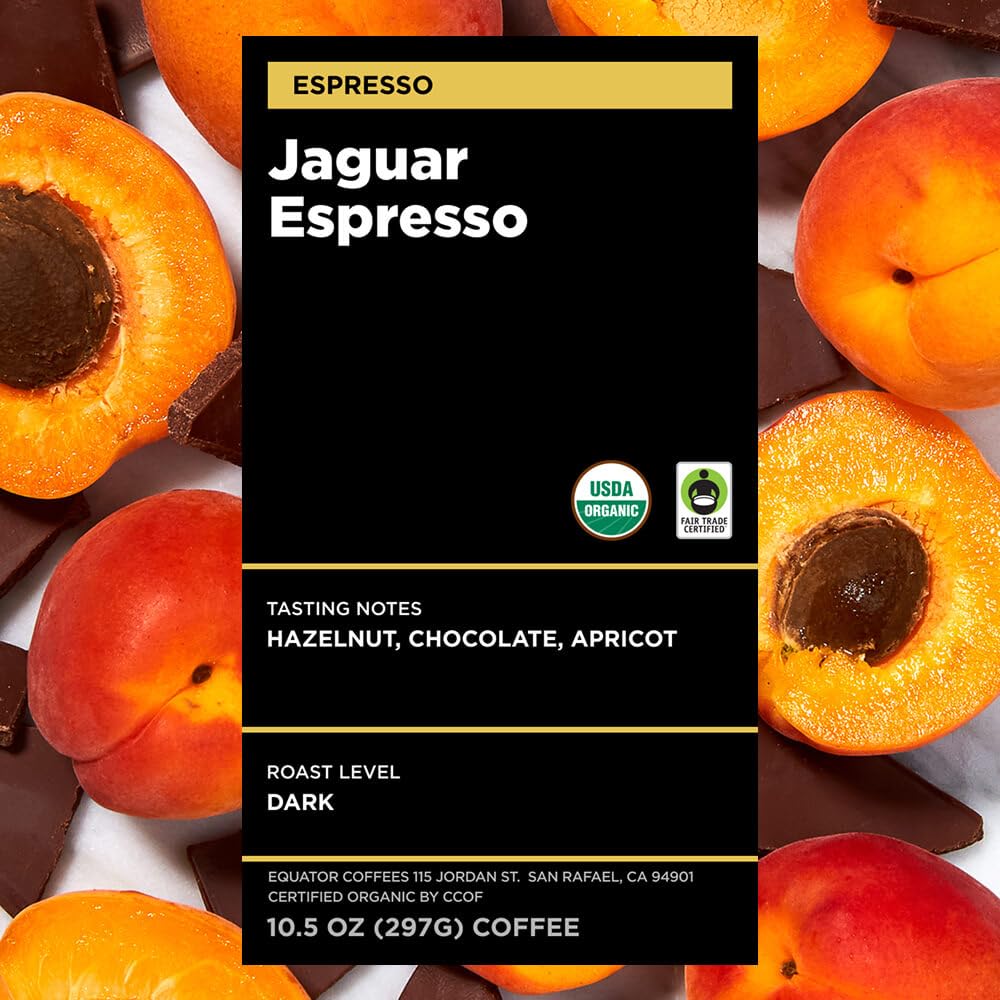 Equator Coffees, Jaguar Espresso, Organic Fine Ground Coffee, Dark Roast, Fresh Roasted, Hazelnut, Chocolate & Apricot Flavor Notes, Sustainable