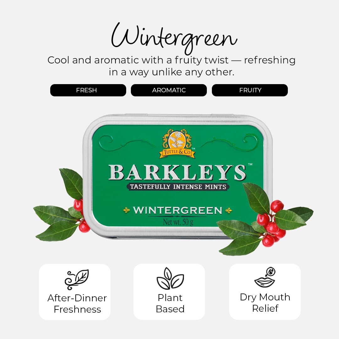 Barkleys Wintergreen Breath Mints - Strong Flavor Cool Mint Candy For Party, After Dinner, Wedding, Every Day Use - Vegan Breath Mints In Reusable