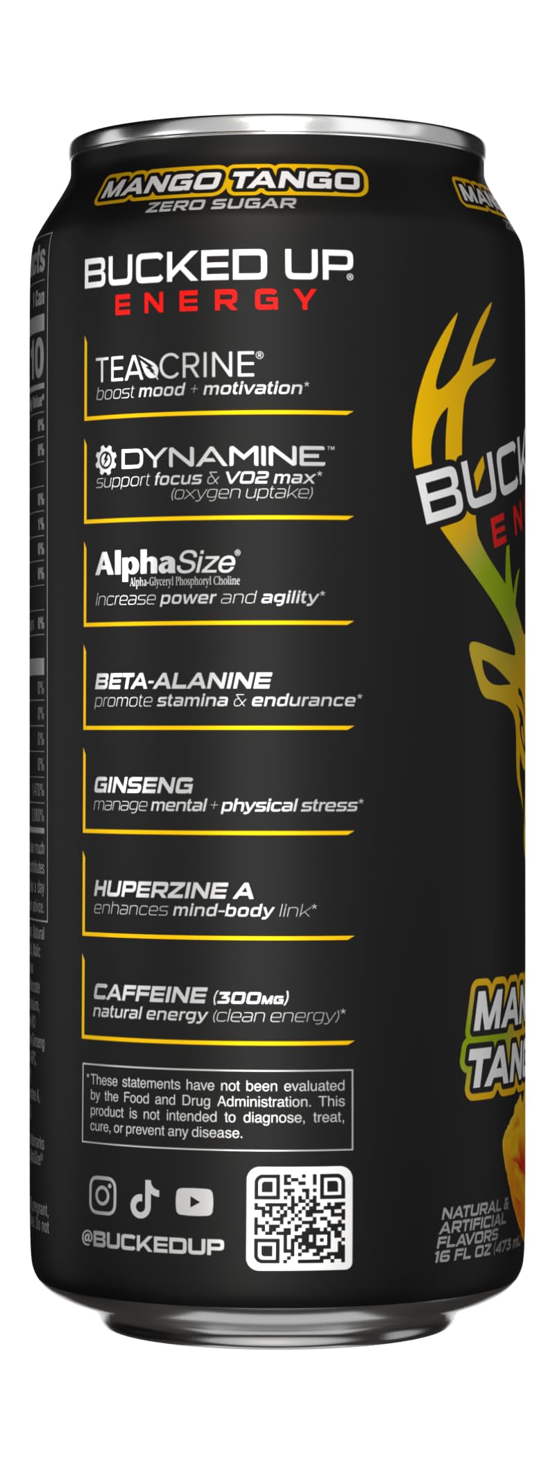 Bucked Up Energy Zero Sugar | 300mg Caffeine Energy Drink with AlphaSize TeaCrine Dynamine and Huperzine A | Zero Sugar Performance Beverage, 12 Pack