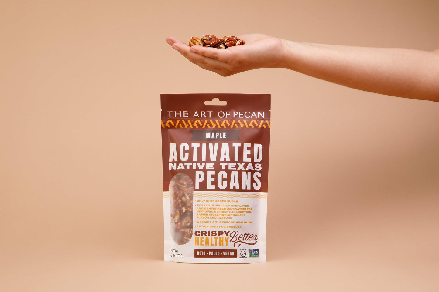 AOP Maple Activated Native Texas Pecans, naturally crunchy, soaked and dehydrated, very low sugar premium snack. Non-GMO, Gluten-Free, Vegan, Paleo
