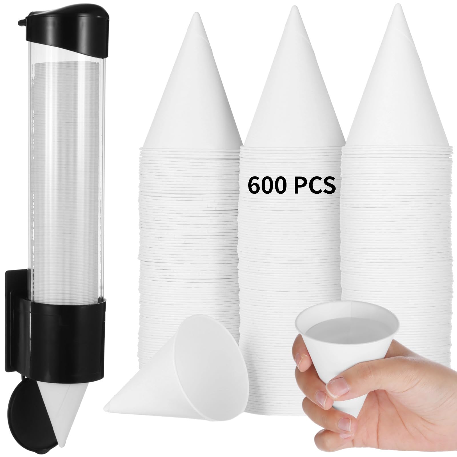 600PCS Snow Cone Cups with 1 Thicken Disposable Cup Dispenser, 4 oz Paper Cone Cups, Pull-Type Wall Mount Cup Holder for Water Coolers,Ice