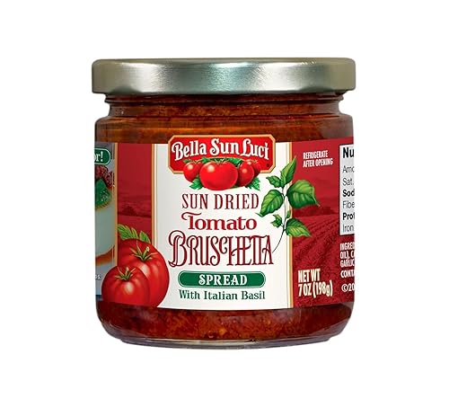 Bella Sun Luci Sun Dried Tomato Bruschetta Spread with Italian Basil, Mediterranean Italian Style Sun-Ripened Tomatoes, Kosher, Vegan, Gluten-Free