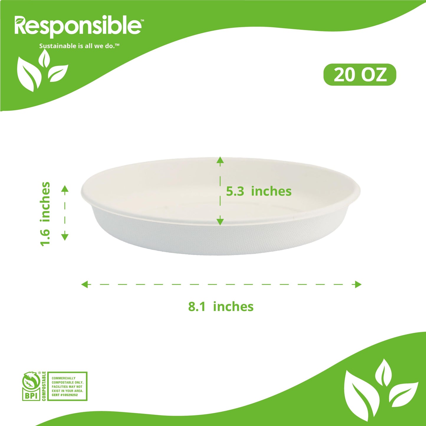 Responsible Products 20 oz Oval Disposable Bowls I Tree-Less™ Compostable Molded Fiber Burrito Bowls I Extra Strength I NO-PFAS I Classic White (50