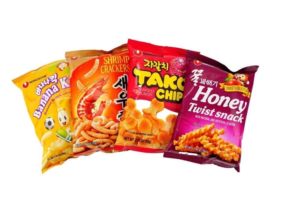 4 Packs Top Snack Selection Pack,Shrimp Crackers + Banana Crisps + Honey Twist + Tako Chips 9 oz