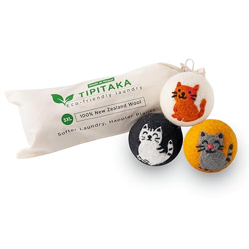 Tipitaka Laundry Wool Dryer Balls | Natural Fabric Softener - Reusable, Eco-Friendly, Reduces Drying Time - Wool Balls Replaces Dryer Sheets - 3 XL