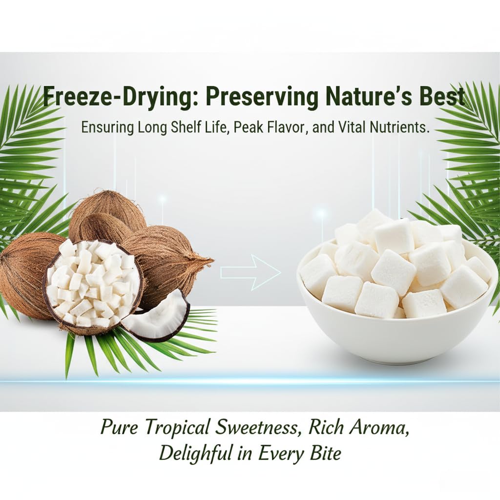 1.1 Ib Freeze-Dried Coconut Chunks, Unsweetened Dehydrated Coconut Flakes, 500g, Plant-Based Snack for Breakfast, Desserts, Smoothies