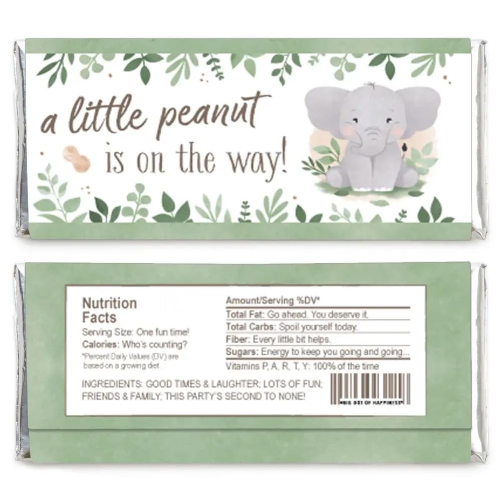 Big Dot of Happiness Elephant Candy Bar Wrappers, Funny Little Peanut Baby Shower Party Favors, DIY Chocolate Bar Wrappers - Set of 24