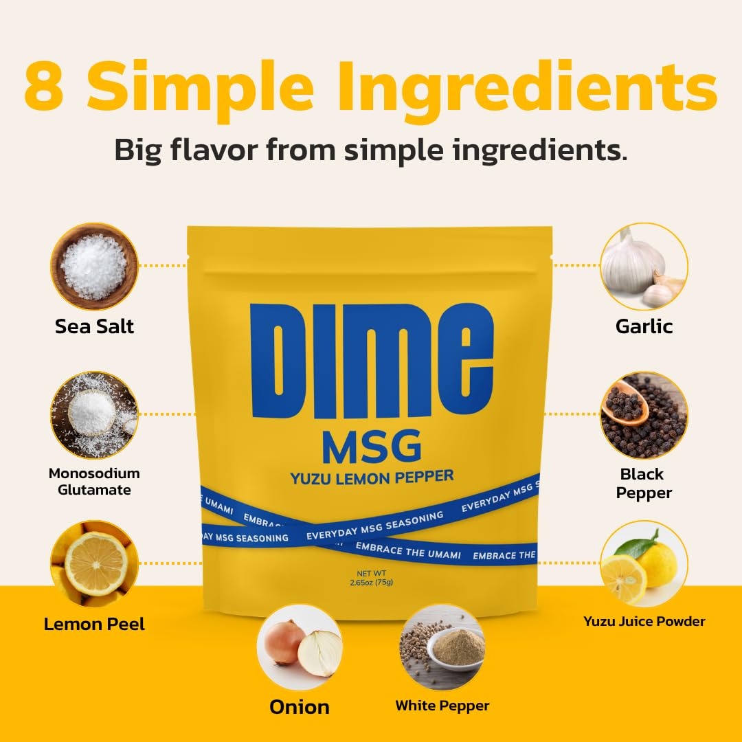 DIME MSG Yuzu Lemon Pepper Seasoning, All Purpose Umami Spice for Cooking & Grilling - Japanese Citrus Flavor - Vegetable, Rice, Steak, Chicken