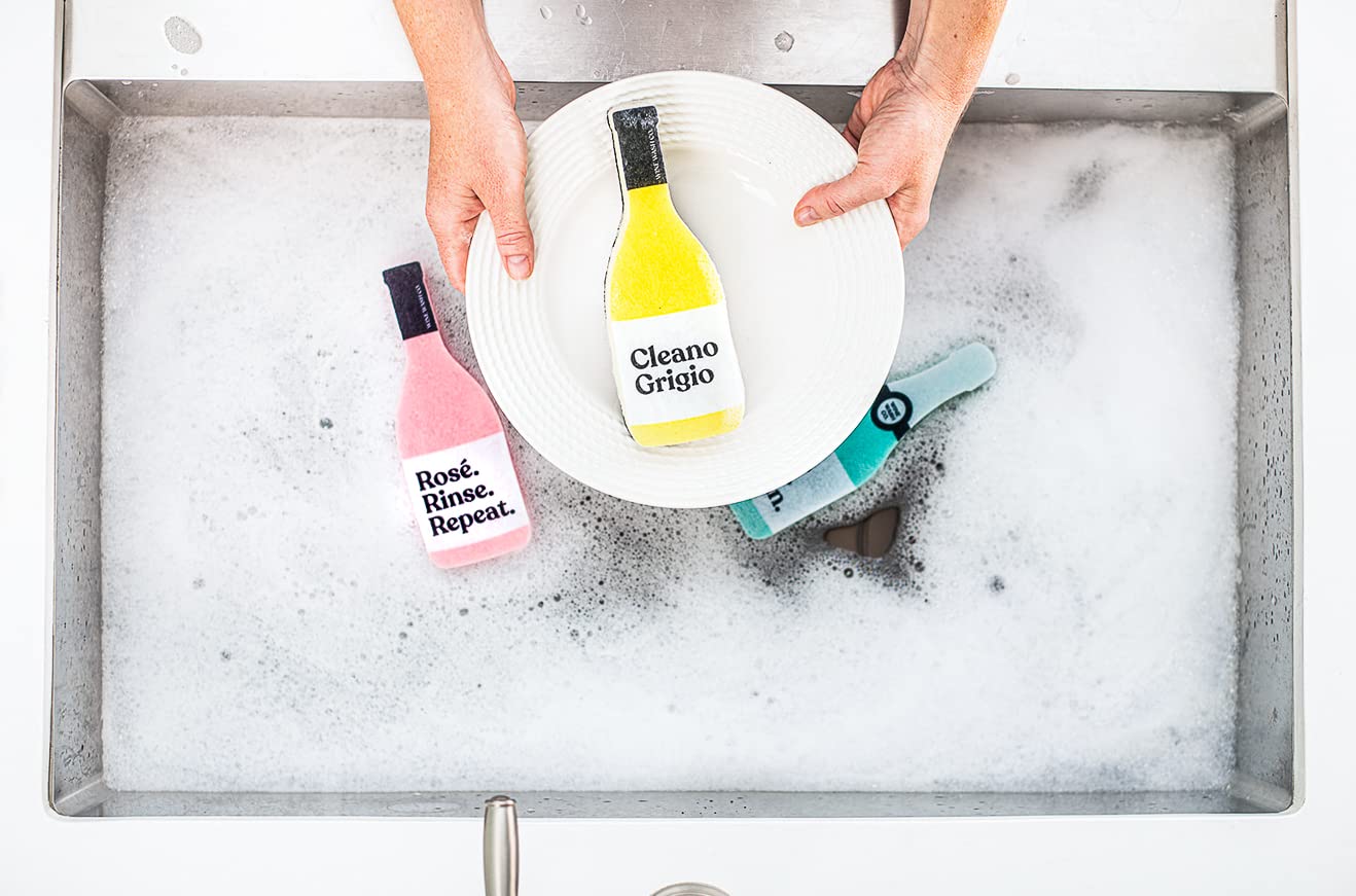 Scrubbly Cleano Grigio Kitchen & Household Cleaning Sponge in Yellow, Gift for The Tidy Wine Lover