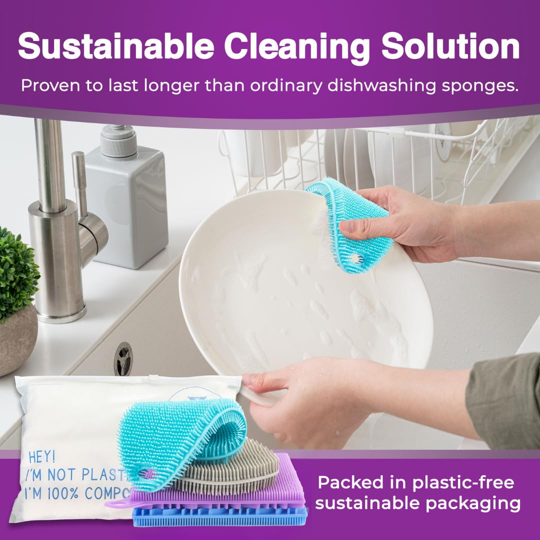Asiopphire Silicone Sponges for Dishes - 4 Pack Dual-Sided Dish Scrubber - Food Grade, BPA Free Silicone Sponge & Housecleaning