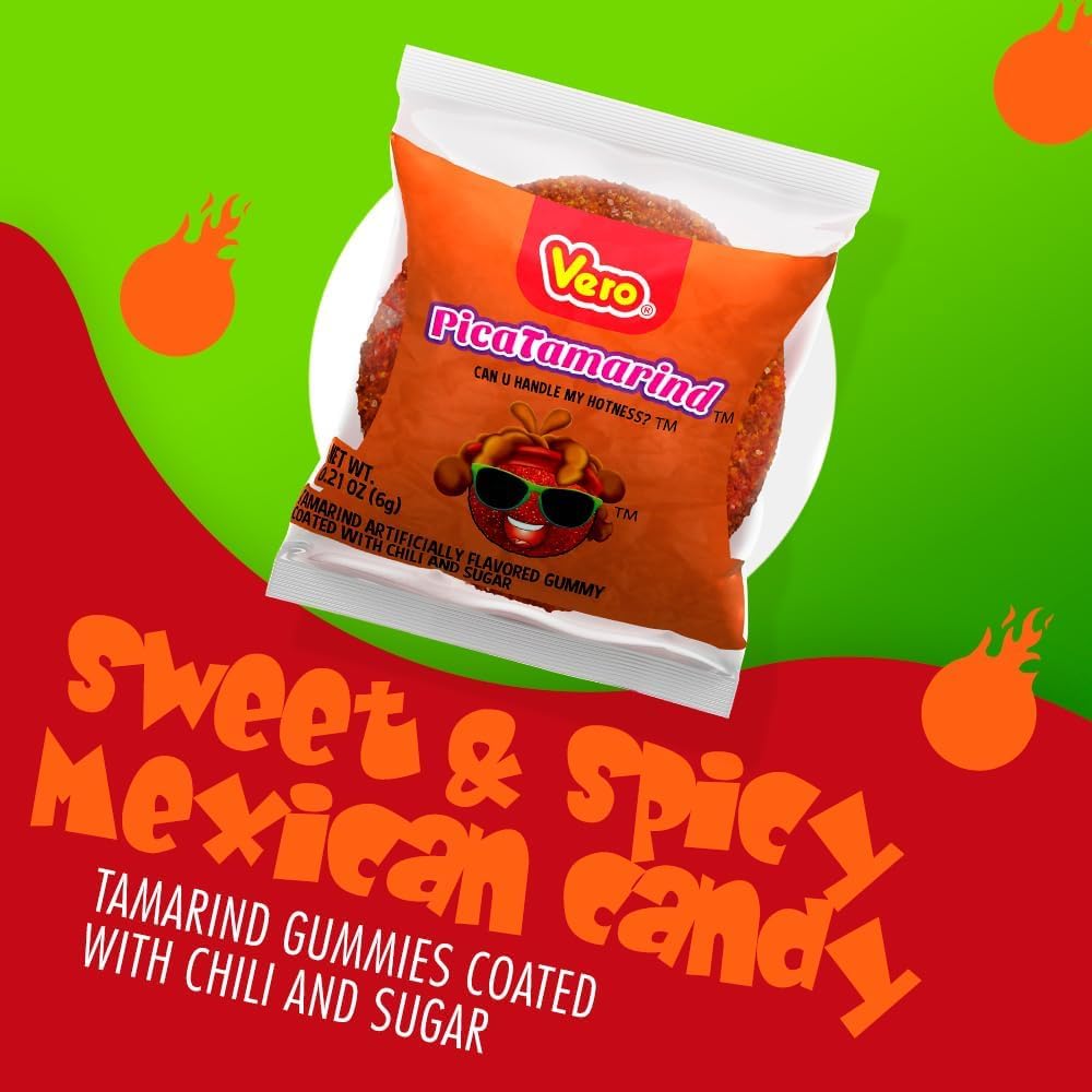 Vero PicaTamarind - Tamarind Flavor Chewy Gummy Treats Coated With Chili Powder & Sugar 100 Pieces (5.15 Oz) - Mexican Candy - Individually Wrapped