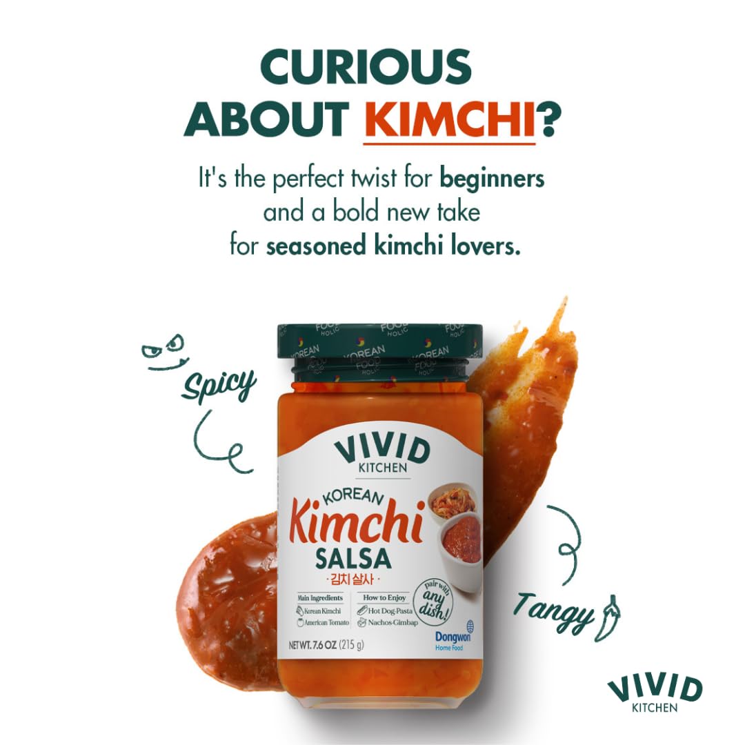 VIVID KITCHEN Kimchi Salsa - Korean Mexican Fusion Condiment - Mild & Hot Flavors - 7.6 oz Bottle - No MSG, No Artificial Preservatives - Plant-Based