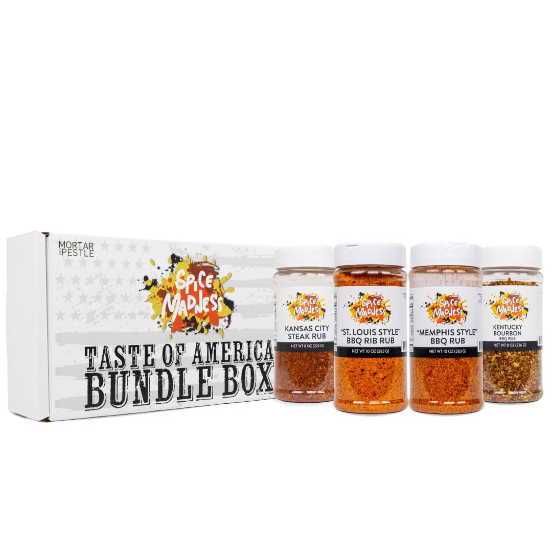 Spice Madness - 4-PC TASTE OF AMERICA BUNDLE - Premium BBQ Spice Rubs - Authentic American Flavors - St. Louis, Memphis, Kentucky Bourbon, Kansas City