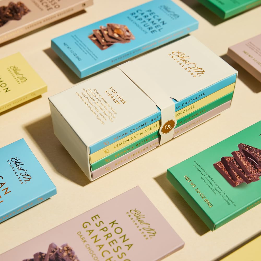 Ethel M Chocolates Luxe Library, 4-Pack of Gourmet Chocolate Bars
