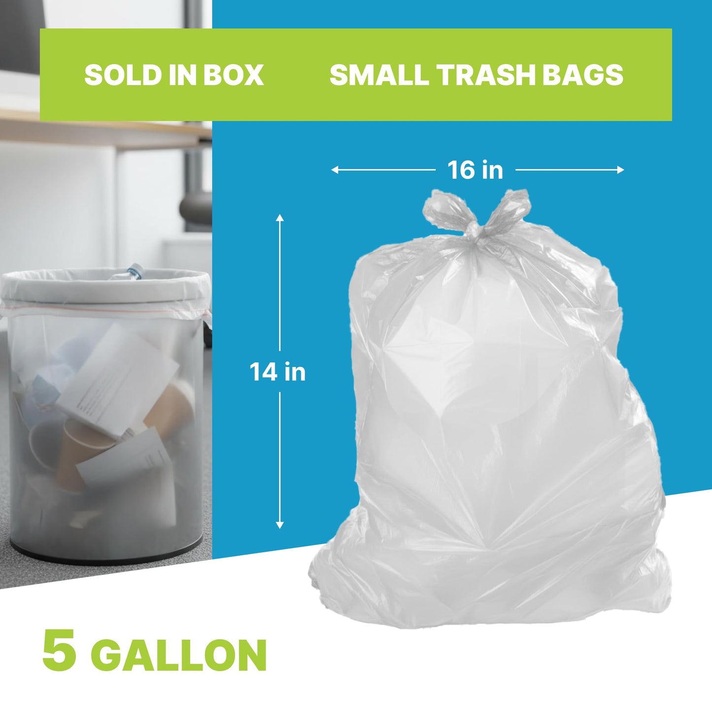 Small Trash Bags - 16x14 Inches, 1 Mil Thick, 100 Count - Durable Leak-Proof Mini Garbage Bags, 5 Gallon Capacity