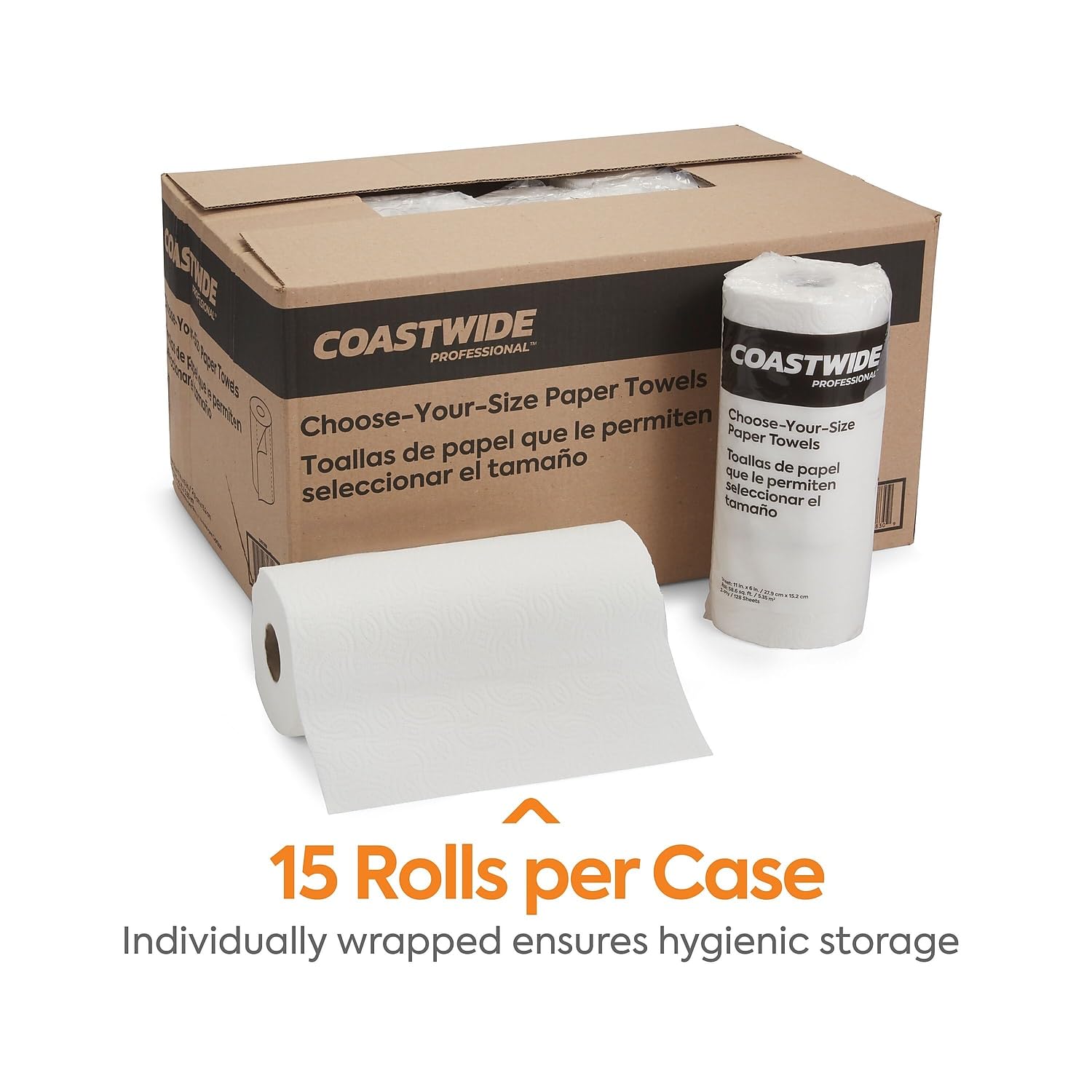 Coastwide Professional Choose-Your-Size Paper Towels, 2-Ply, White, 128 Sheets/Roll, 15 Rolls/Carton
