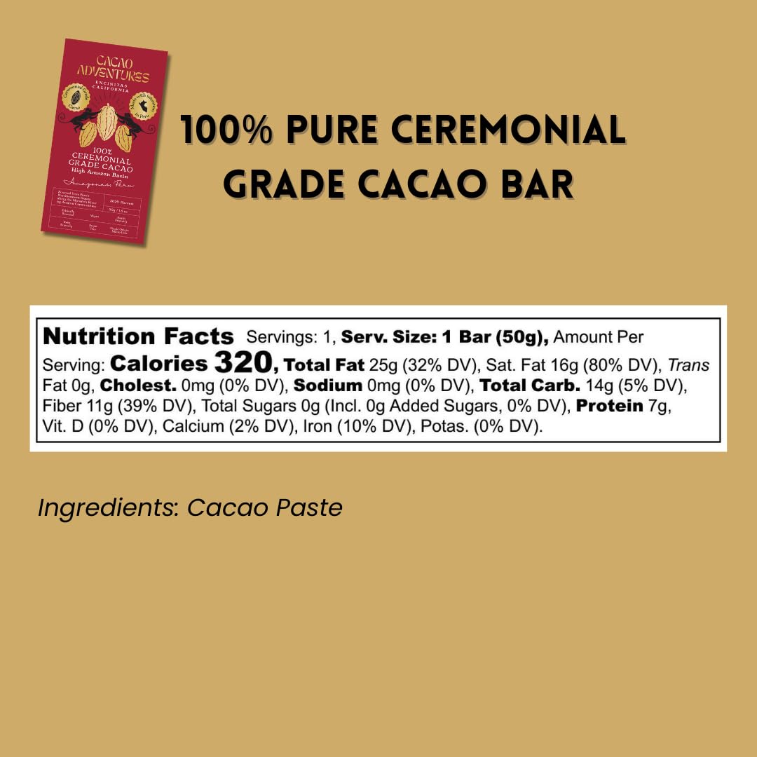 Cacao Adventures - 100% Pure Ceremonial Grade Cacao Bar | Wild Strains | Ethically Sourced Sustainably Grown | (1.76 oz - Pack of 3)