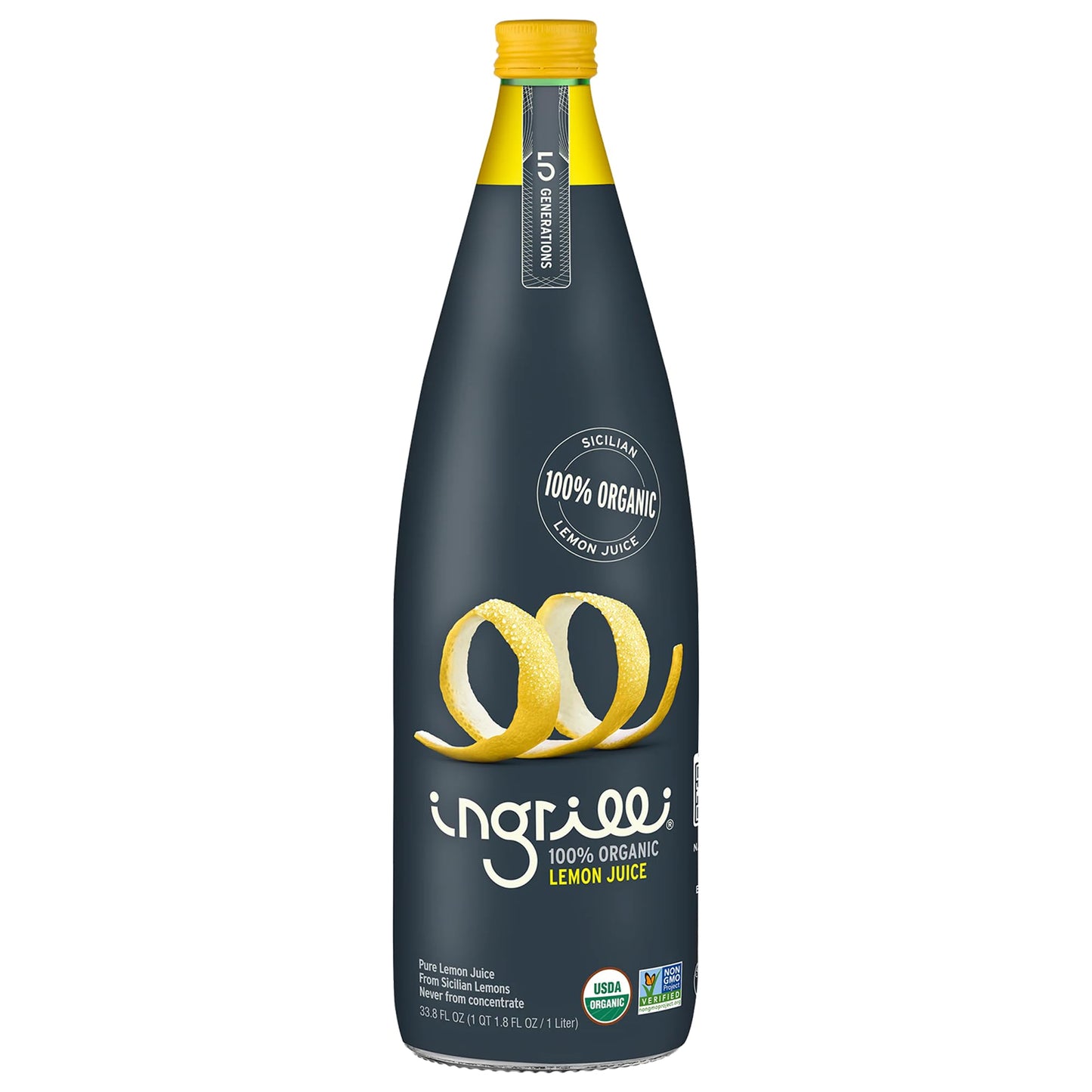 Ingrilli 100% Organic Lemon Juice, 33.8 Fl Oz Glass Bottle (Pack of 3)