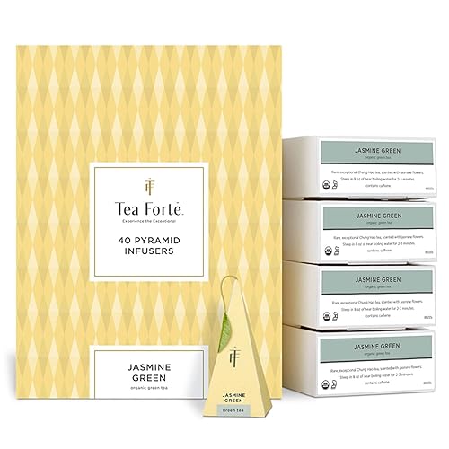 Tea Forte Jasmine Green Premium Organic Caffeinated Green Tea Blend Event Box, Bulk Pack 40 Count, 10 per tray Individually Wrapped Handcrafted