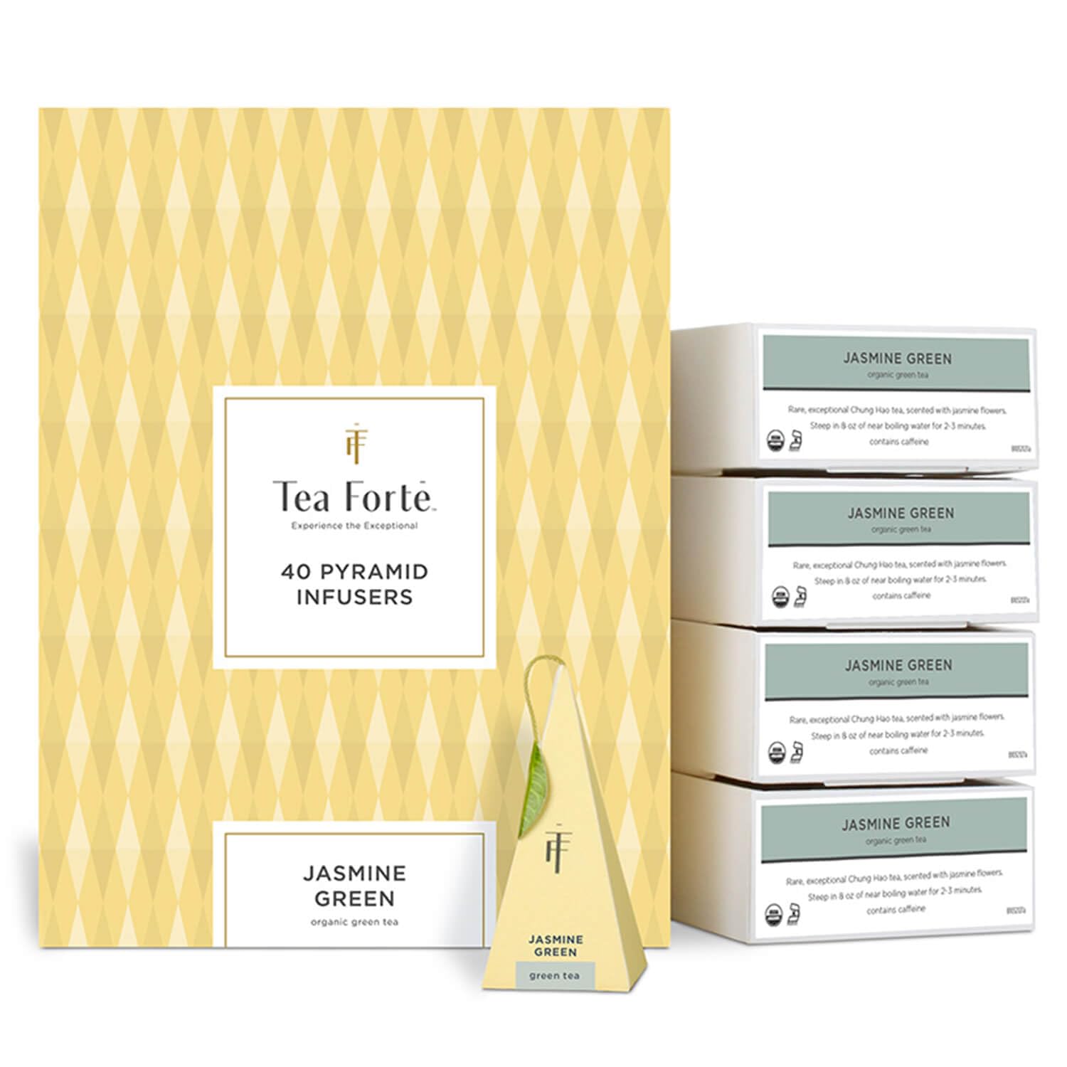 Tea Forte Jasmine Green Premium Organic Caffeinated Green Tea Blend Event Box, Bulk Pack 40 Count, 10 per tray Individually Wrapped Handcrafted