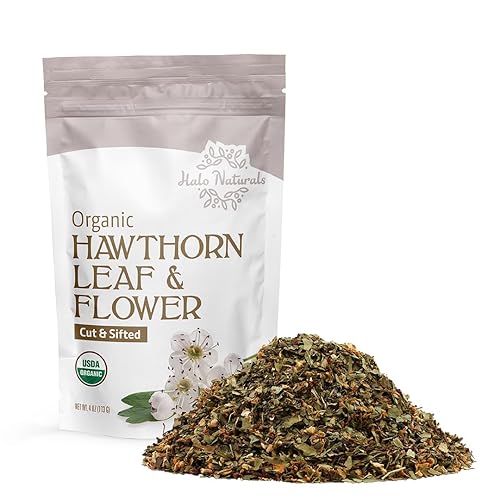 Halo Naturals Organic Hawthorn Leaf & Flower Cut & Sifted, 4 Ounces (Crataegus monogyna) Espino Blanco USDA Certified | Resealable Pouch| Packaged in