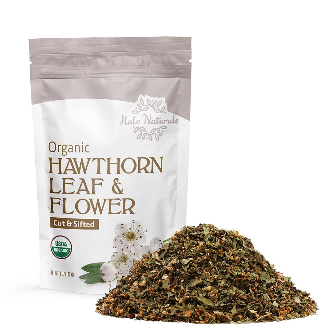 Halo Naturals Organic Hawthorn Leaf & Flower Cut & Sifted, 4 Ounces (Crataegus monogyna) Espino Blanco USDA Certified | Resealable Pouch| Packaged in