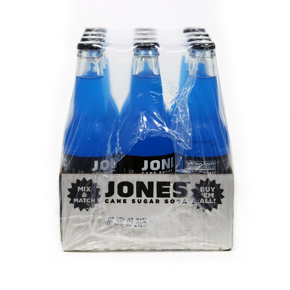 Jones Soda Co. Blue Bubblegum Flavor | 12-Pack | The Original Craft Soda | Made with Pure, 100% Cane Sugar | Pop Beverages/Soft Drinks | 12 Oz Glass