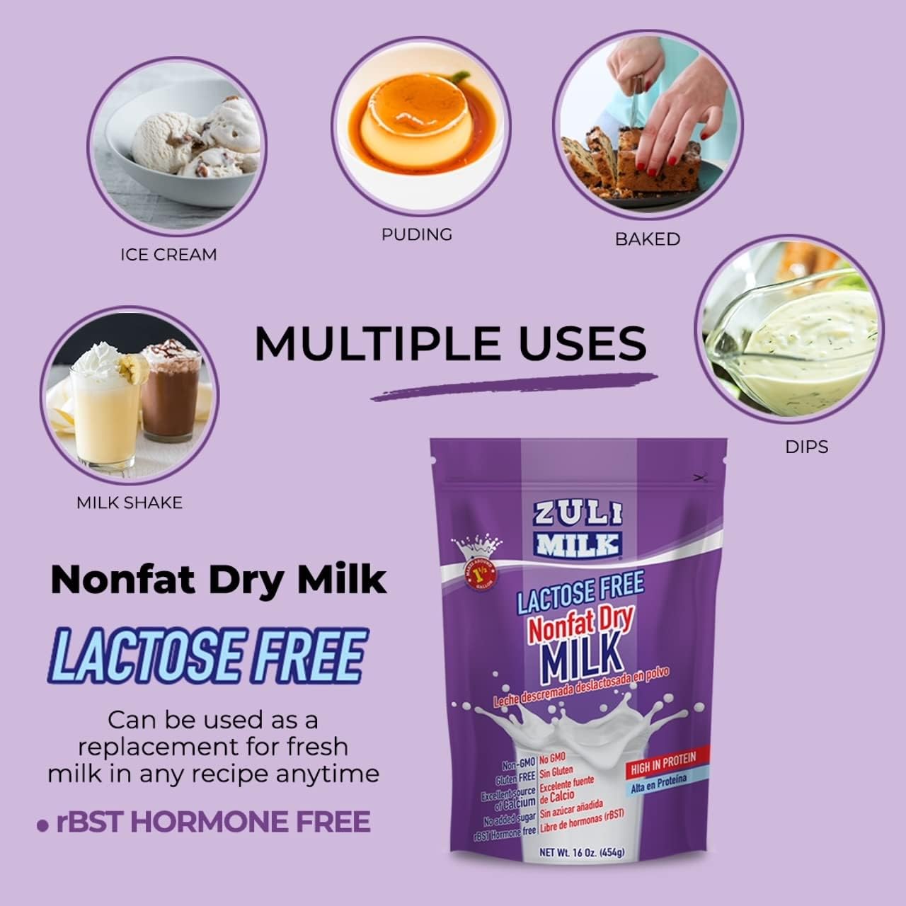 Nonfat Dry Milk Powder for Baking & Coffee 16oz - Fat Free & Lactose Free Powder for Adults, Non-GMO, rBST Hormone-Free, Good Source of Protein and Calcium, Substitute For Liquid Milk (1 Pack)